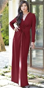 Womens Long Sleeve Casual Cocktail Flowy V-Neck Gown Maxi Dress