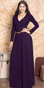 Womens Long Sleeve Casual Cocktail Flowy V-Neck Gown Maxi Dress