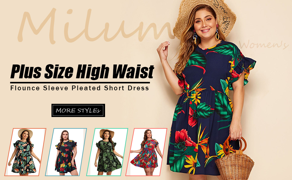 Milumia Women''s Plus Size Tropical Leaf Print Ruffle Sleeve Pleated Short Dress