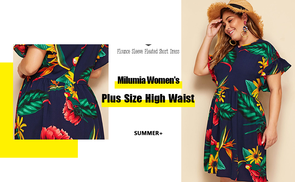 Milumia Women''s Plus Size Print High Waist Ruffle Pleated Short Dress 