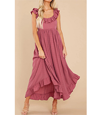 Summer Dress for Women Sleeveless Boho Ruffle Square Neck Tie Back Casual Backless Flowy Midi Dress