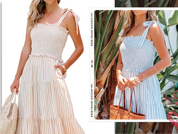 Womens Summer Cotton Adjustable Straps Boho Stripe Casual Flowy A Line Long Dresses with Pockets