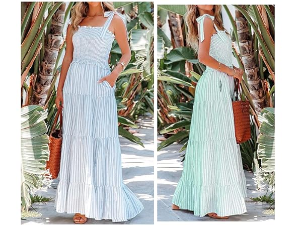 Womens Summer Cotton Adjustable Straps Boho Stripe Casual Flowy A Line Maxi Dress with Pockets