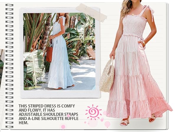 Womens Summer Cotton Adjustable Straps Boho Stripe Casual Flowy A Line Long Dresses with Pockets