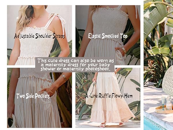 Womens Summer Cotton Adjustable Straps Boho Stripe Casual Flowy A Line long Dresses with Pockets