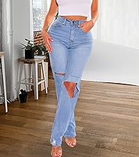 Women''s Skinny Ripped Jeans Stretch Mid Rise Destroyed Distressed Denim Pants