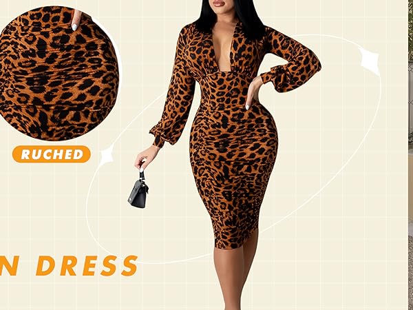 Women&#39;s Sexy Bodycon Dress Deep V Neck Ruched Long Sleeve Midi Business Pencil Dress