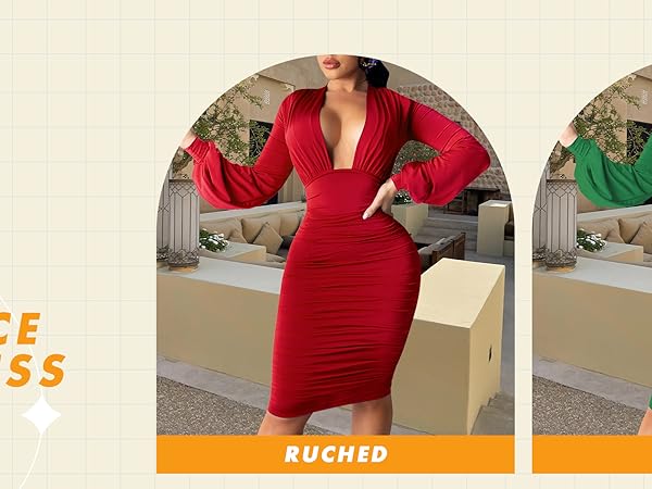 Womens Sexy Bodycon Dress Deep V Neck Ruched Long Sleeve Midi Business Pencil Dress