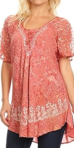 short sleeve batik print mandarin collar circle hem high low solid summer casual work light tunic