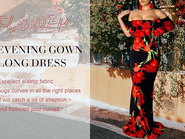  Women''s Sexy Off Shoulder Maxi Dress Hawaiian Floral Evening Gown Long Dress