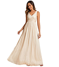 Ever-Pretty  Deep V Neck A Line Glitter Pleated Maxi Cocktail Dresses Champagne dress