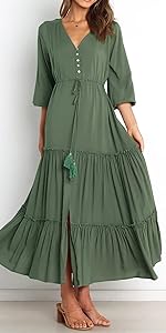 Womens Summer Long Sleeve Casual Button-Up Maxi Dress