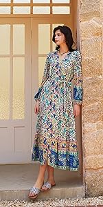 Women&#39;s Long Sleeve Boho Midi Dress V Neck Floral Print Button Down Ruffle Beach Dress with Belt