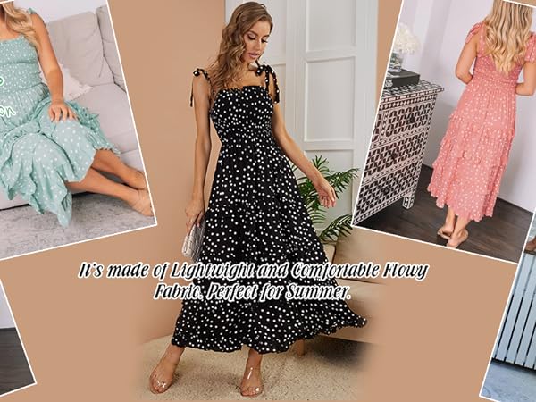 Women&#39;s Summer Polka Dots Adjustable Strapes Elastic Smocked A-Line Midi Dress