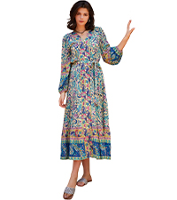 Women&#39;s Long Sleeve V Neck Button Down Floral Print Midi Dress with Belt