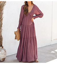 Women''s Long Sleeve V Neck Tiered Ruffle A-Line Flowy Maxi Dress