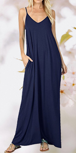 Womens Summer Casual Loose Vacation Sleeveless V Neck Maxi Sundress Tshirt Long Dress with Pockets