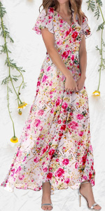 Women Summer Boho Maxi Chiffon Dress Casual Floral Flowy Cocktail Beach Vacation Ruffle Long Dress