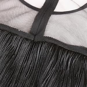 Women''s Mesh See Through Crewneck Patchwork Tassel Tiered Fringe Long Dress