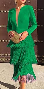 Women''s V Neck Long Sleeve High Waist Fringe Tiered Slim Pencil Midi Dress