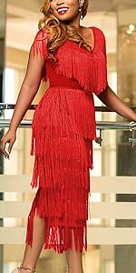 Women''s V Neck with Tassel Sleeveless Tiered Fringe Midi Slim Dress