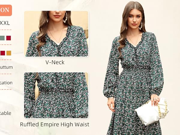 Casual V Neck Boho Floral Print Wedding Guest Maxi Dress