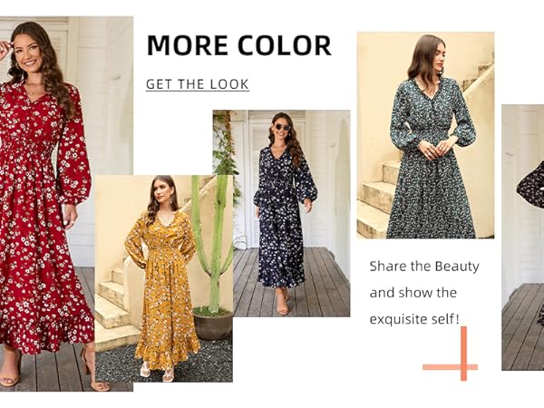 Casual V Neck Long Sleeve Boho Floral Print Wedding Guest Maxi Dress