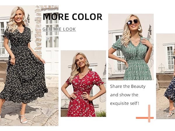 Casual V Neck Short Sleeve Boho Floral Print Wedding Guest Maxi Dress