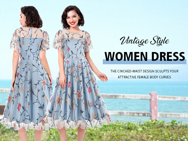 women vintage embroidered floral dress