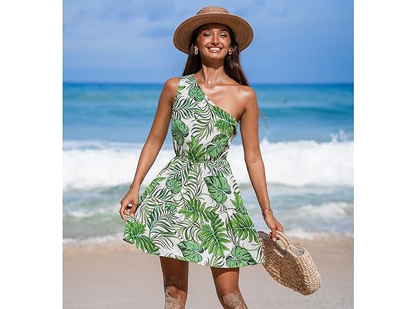 green tropical one shoulder mini dress for women