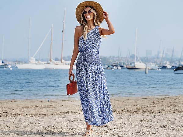 blue paisley maxi dress one shoulder long dress for women