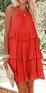 Womens Summer Halter Dress Boho Casual Layered Ruffle Mini Dress