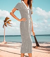 Casual Dresses Women Striped Short Sleeve Midi Dress Button Ribbed Knit Work Summer Boho Party 2024