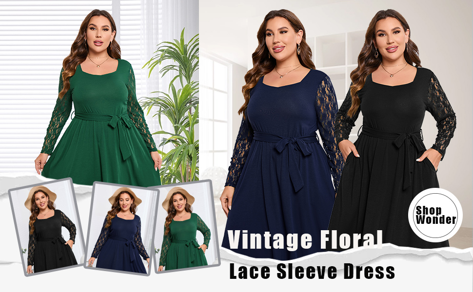 ShopWonder Women''s Plus Size Vintage Floral Lace Sleeve Dress Square Neck Casual  Swing Midi Dresses