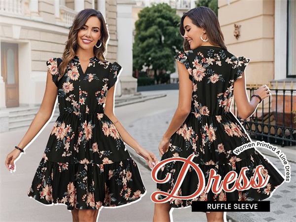 Black Flower Print dress women