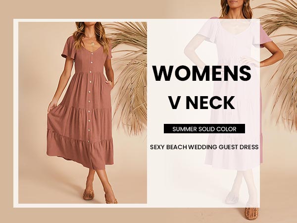 summer casual dress linen midi dress button down v neck short sleeve ruffle tiered dress with pocket