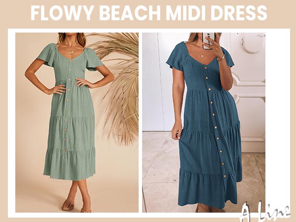 summer casual dress linen midi dress button down v neck short sleeve ruffle tiered dress with pocket