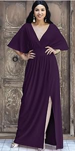 Womens Long Sexy Kimono Short Sleeve Slit Wrap V-Neck Gowns Maxi Dress