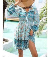 Womens Spring Summer Long Sleeve V Neck Boho Flroal Print Swing Flowy Tunic Mini Dress