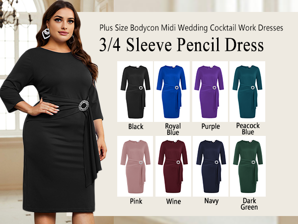 Plus Size 3/4 Sleeve Dress Evening Pencil Dress for Business Cocktail Party