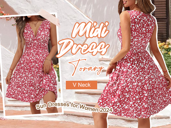 TORARY Sun Dresses For Women Casual Beach V Neck Summer Dresses For Women 2024 