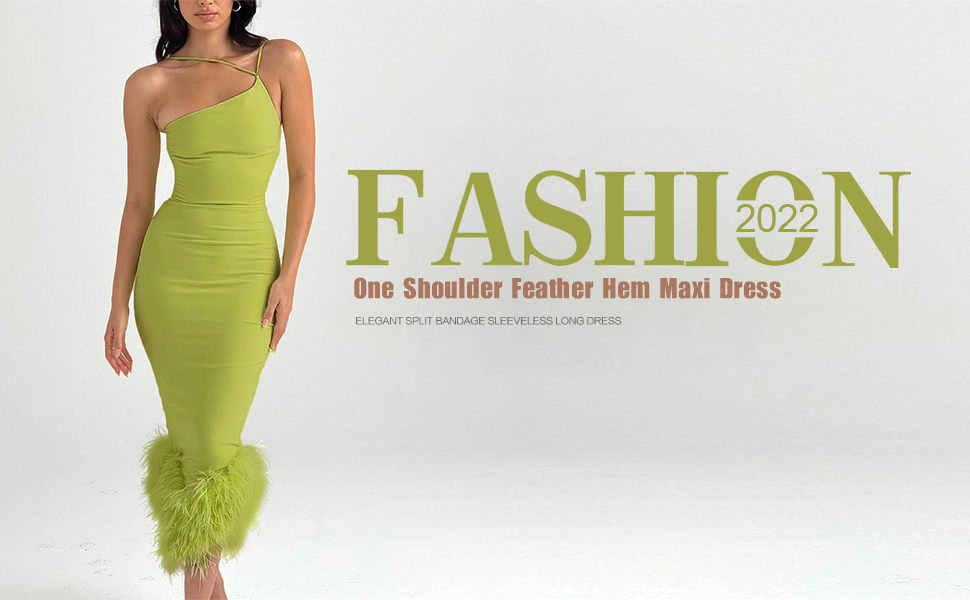 Feather Hem One Shoulder Dress Sleeveless Bodycon Split Long Dress Cocktail Party Outfits