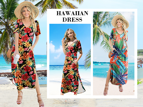 Women''s Casual Loose Sundress Short Sleeve Long Dress Split Maxi Summer Beach Dress with Pockets