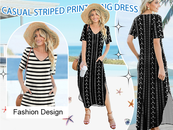 Stripes print maxi dress with pockets