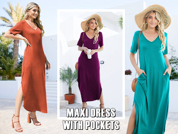 Long Dress for Women Summer Casual Loose Pocket V Neck Split Travel Beach Cover Up Maxi Dresses 