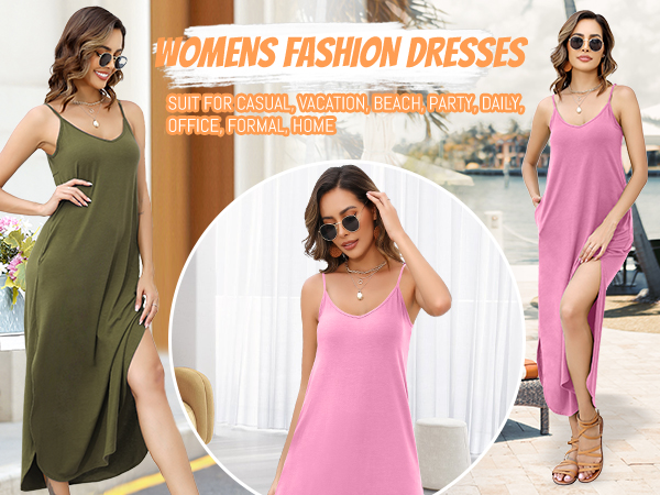 Women&#39;s Summer Maxi Dress Casual Loose Pocket Sleeveless V Neck Strappy Split Long Cami Dresses