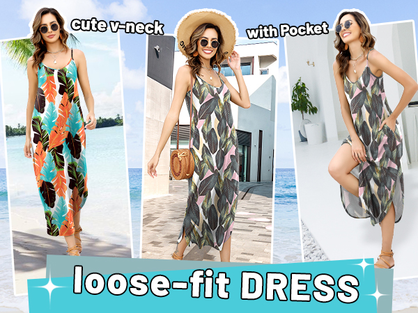 Women Summer Hawaiian Maxi Dresses Casual Loose Pocket Sleeveless V Neck Long Dress