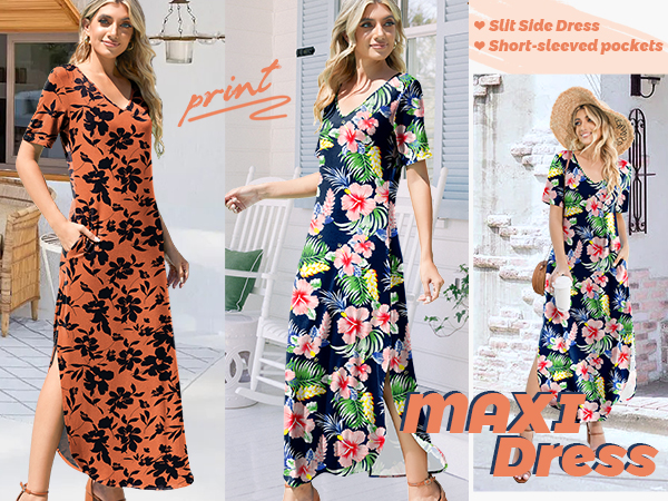 boho print vacation maxi dress with sleeve pockets