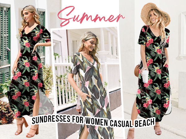 Women''s Casual Loose Sundress Short Sleeve Long Dress Split Maxi Summer Beach Dress with Pockets