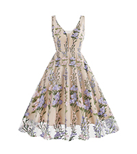 Double V Neck Floral Embroidery Dress for Women Mesh Flower Embroidered Dress